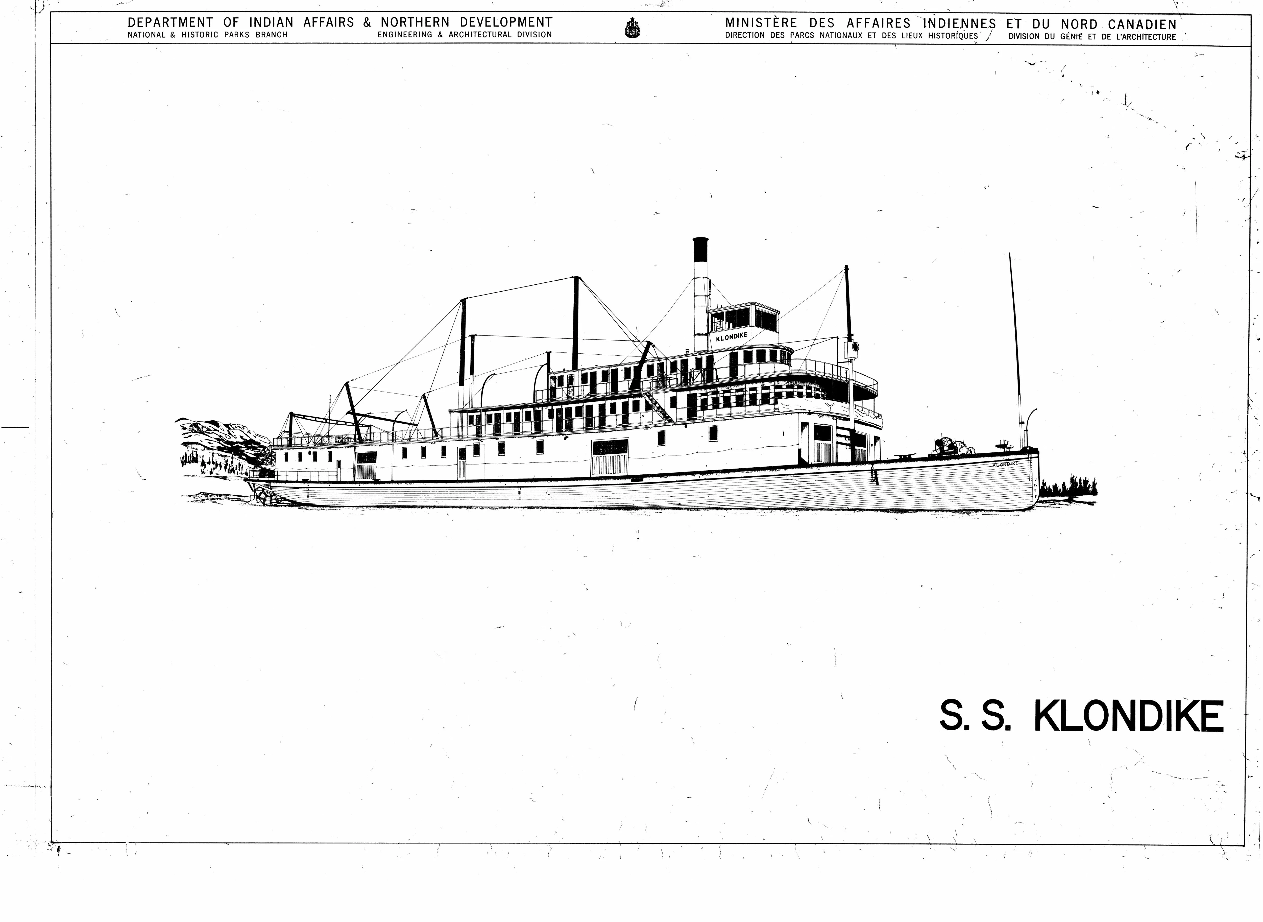 Cover sheet with a three-quarter view drawing of the Klondike and the Department of Indian Affairs and Northern Development, National and Historic Parks Branch heading