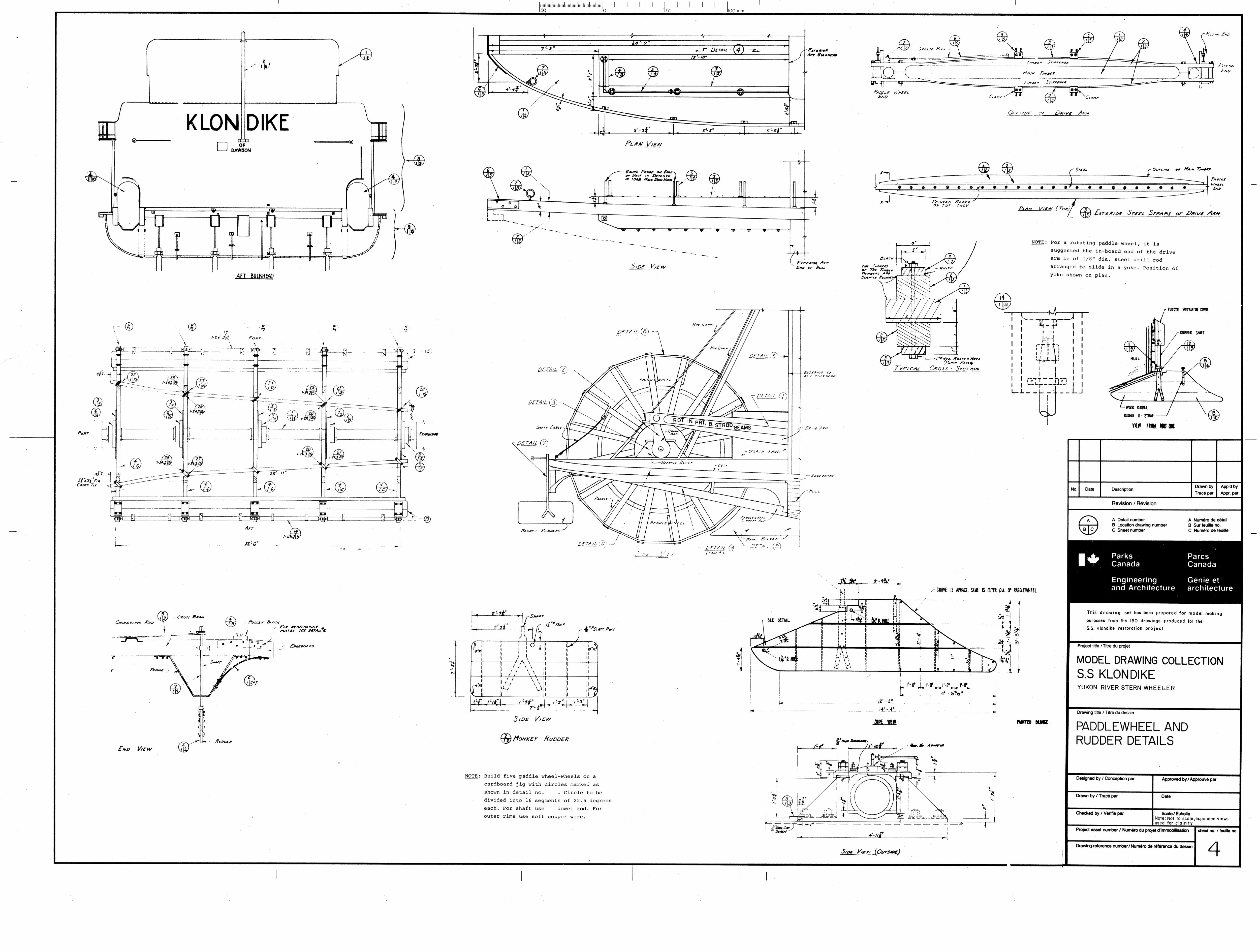 Details of the paddlewheel, rudders, pilothouse front and fittings