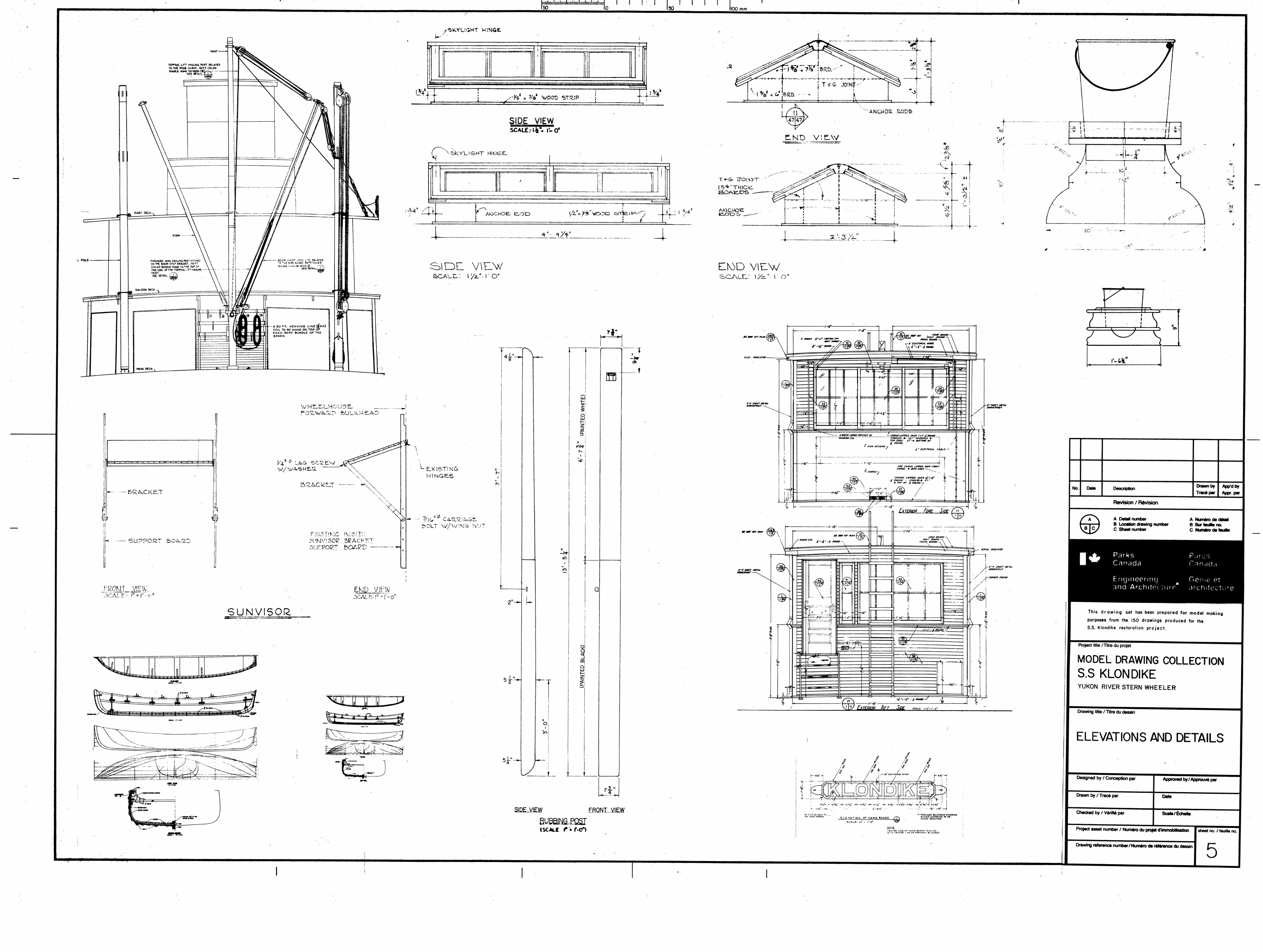 Details of king posts, spars, skylights, lifeboats and the wheelhouse