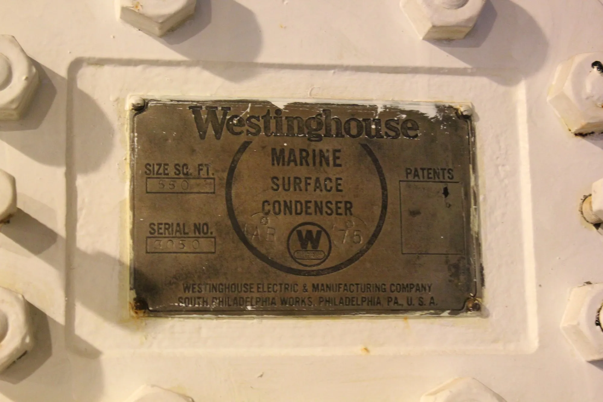 Westinghouse nameplate reading Marine Surface Condenser, Westinghouse Electric & Manufacturing Company, South Philadelphia Works