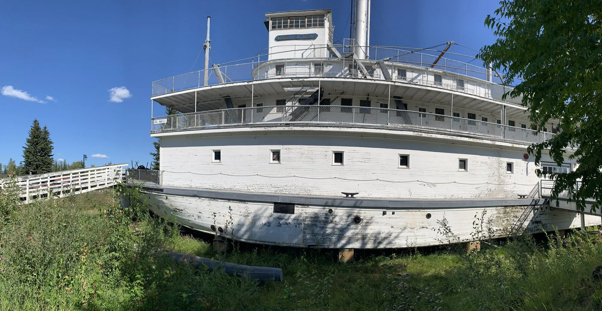 Wide view along the length of the Nenana's hull and decks from the bank