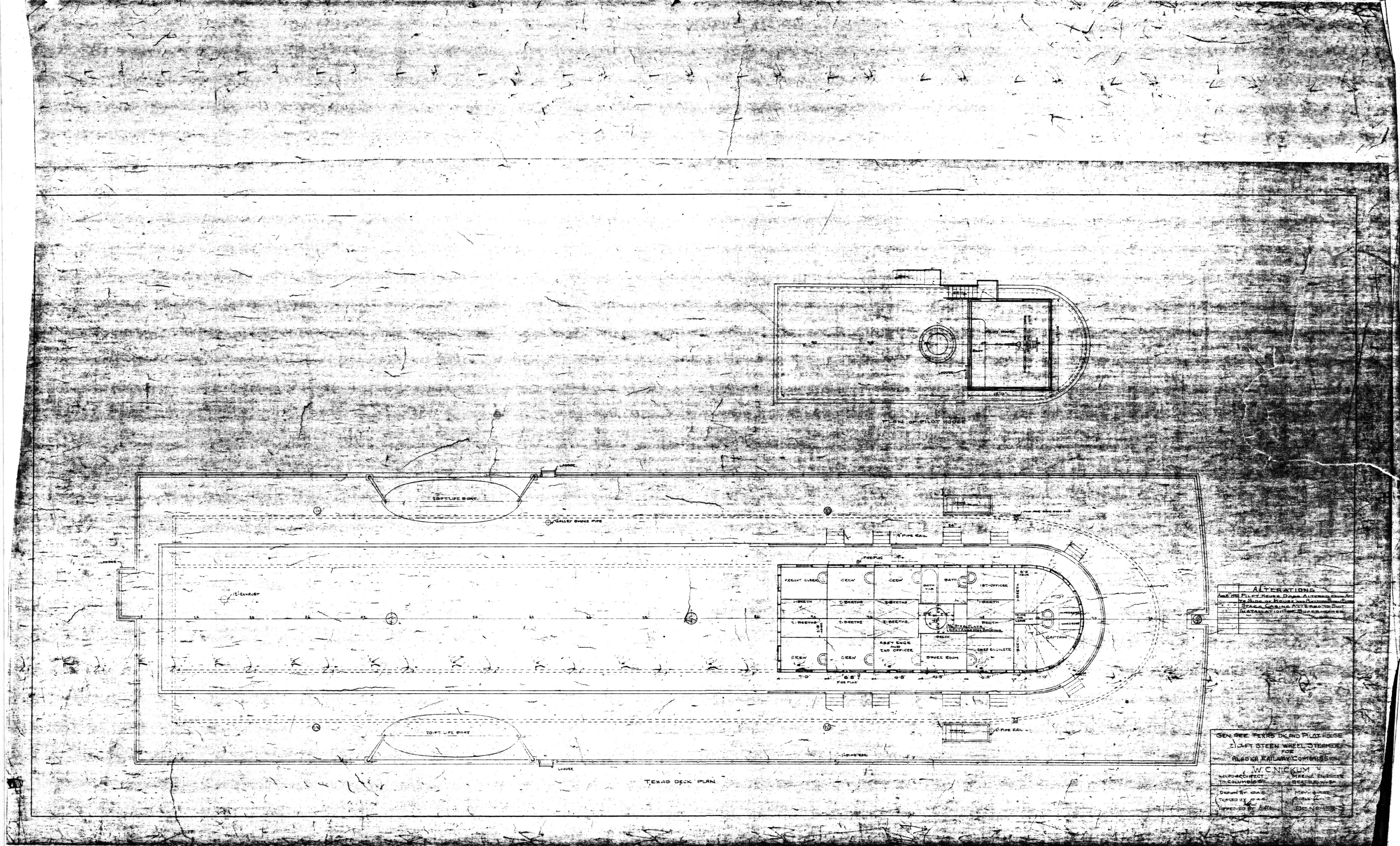Plan views of the texas deck with officers' cabins and the pilot house above it