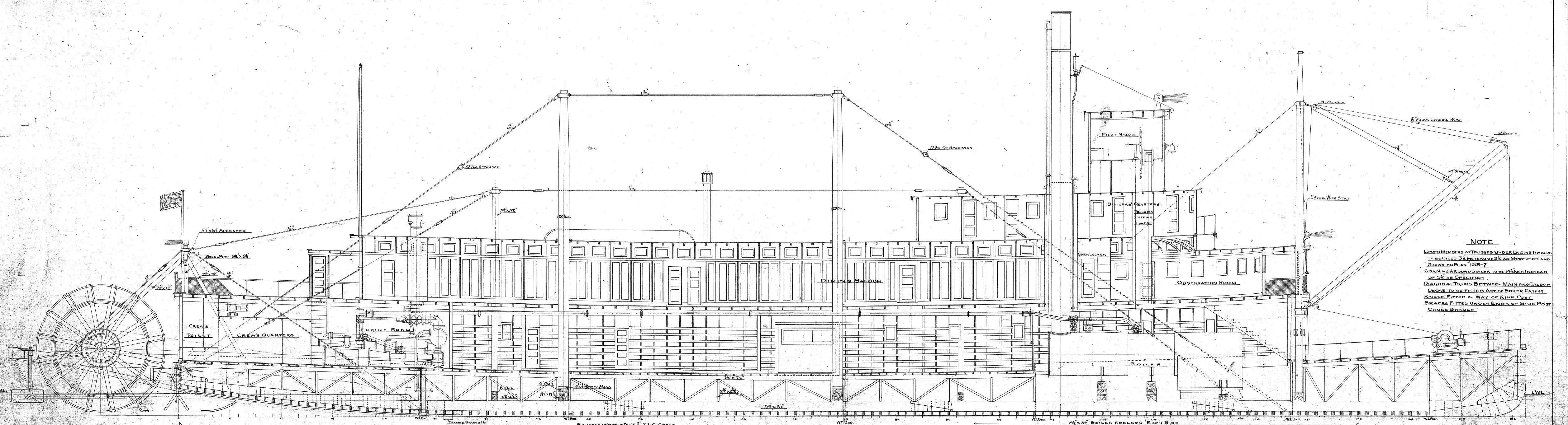Line drawing in profile of the Nenana, showing the sternwheel at left, engine room, dining saloon, observation room, pilot house, stack and spars, from the 1932 inboard profile drawing
