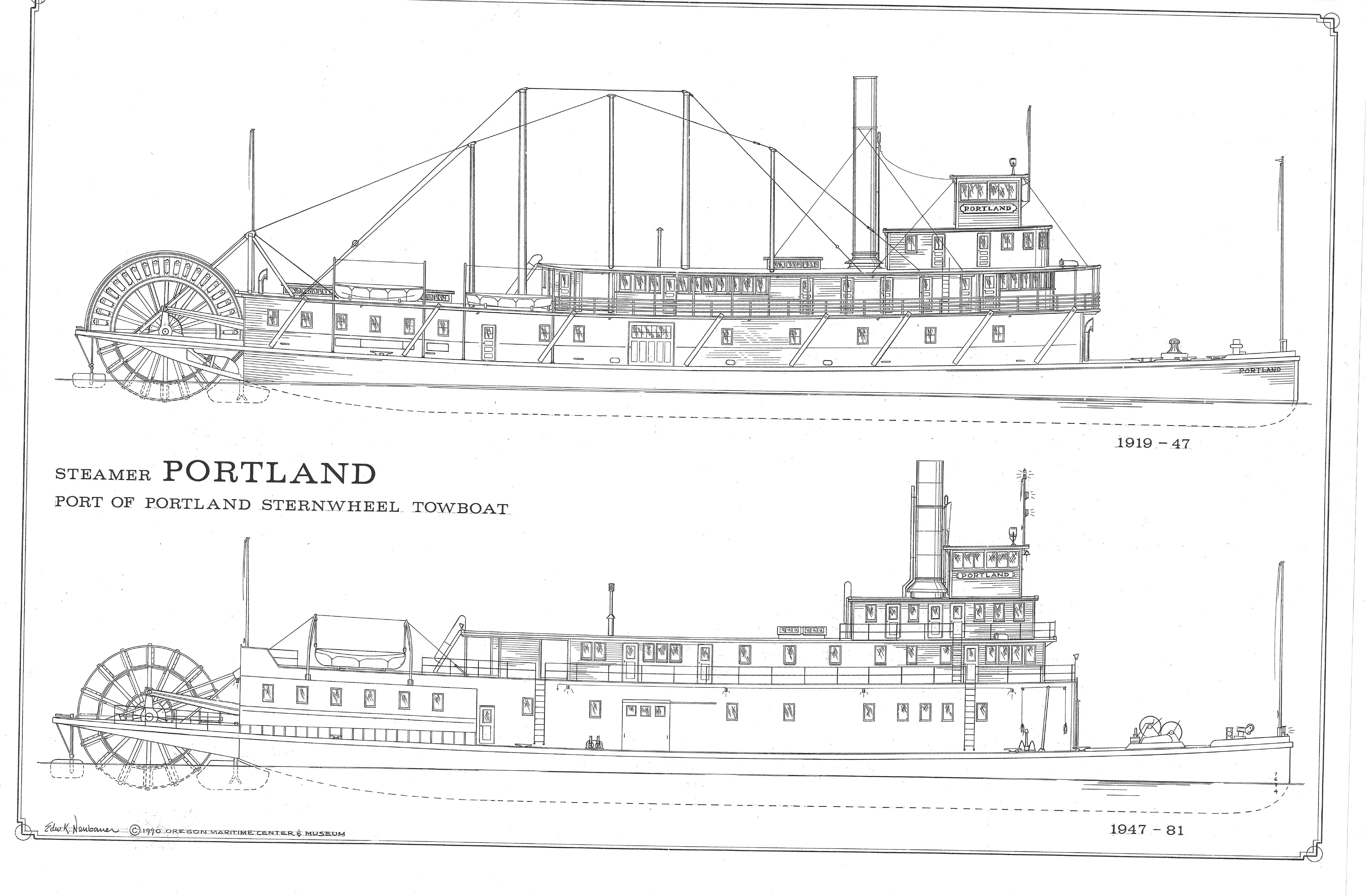 Two outboard profiles, the 1919 Portland above and the 1947 Portland below, titled Steamer Portland, Port of Portland sternwheel towboat