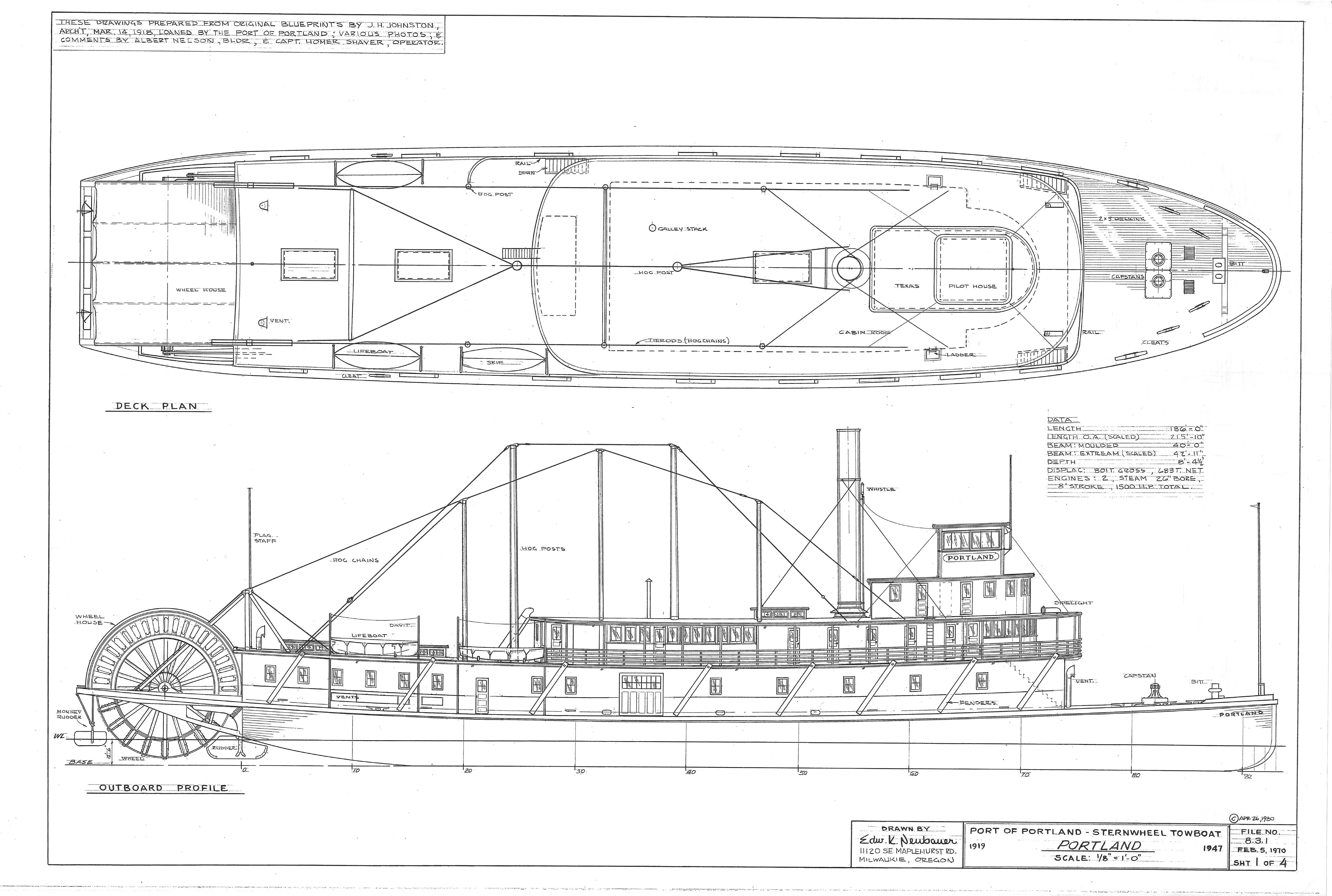 Main deck plan and outboard profile of the 1919 sternwheel towboat Portland, with title block and notes
