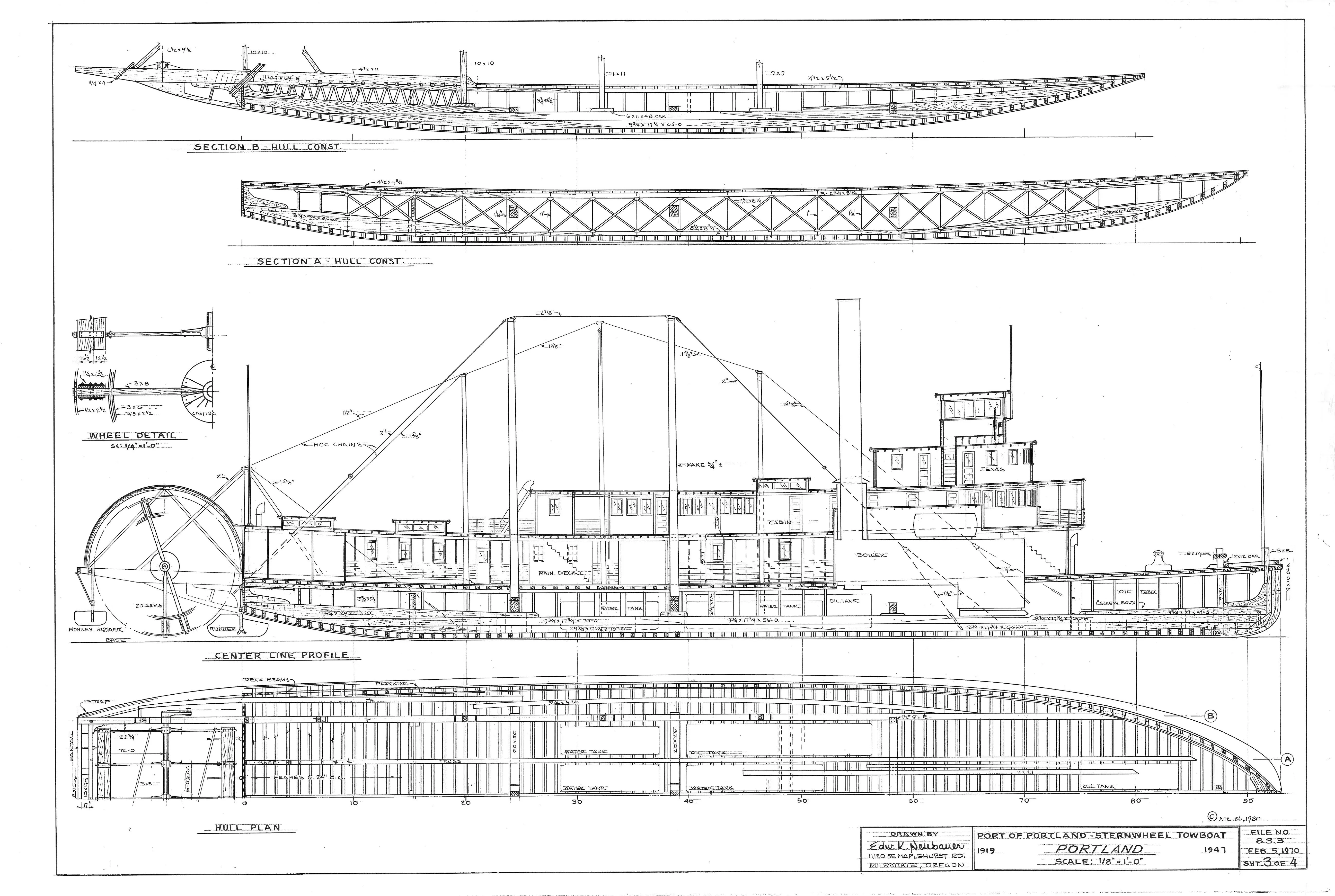 Hull construction sections, sternwheel detail, center line profile and hull plan of the 1919 Portland