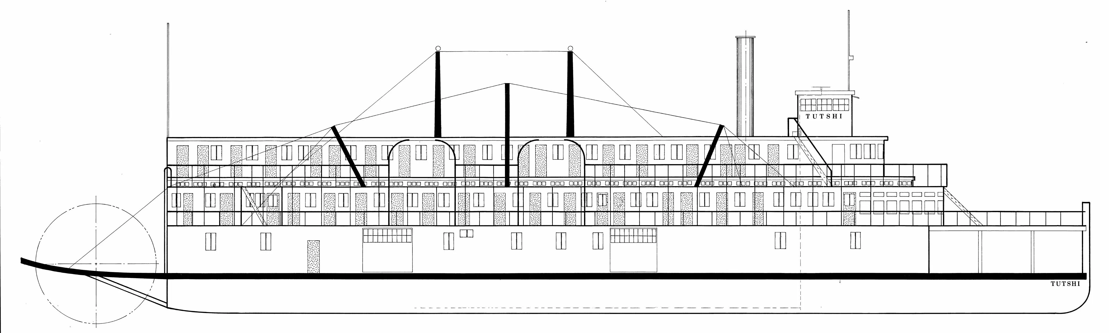 Line drawing of the Tutshi's starboard side, sternwheel at left, three decks of cabins with king posts and hog chains, wheelhouse and stack forward