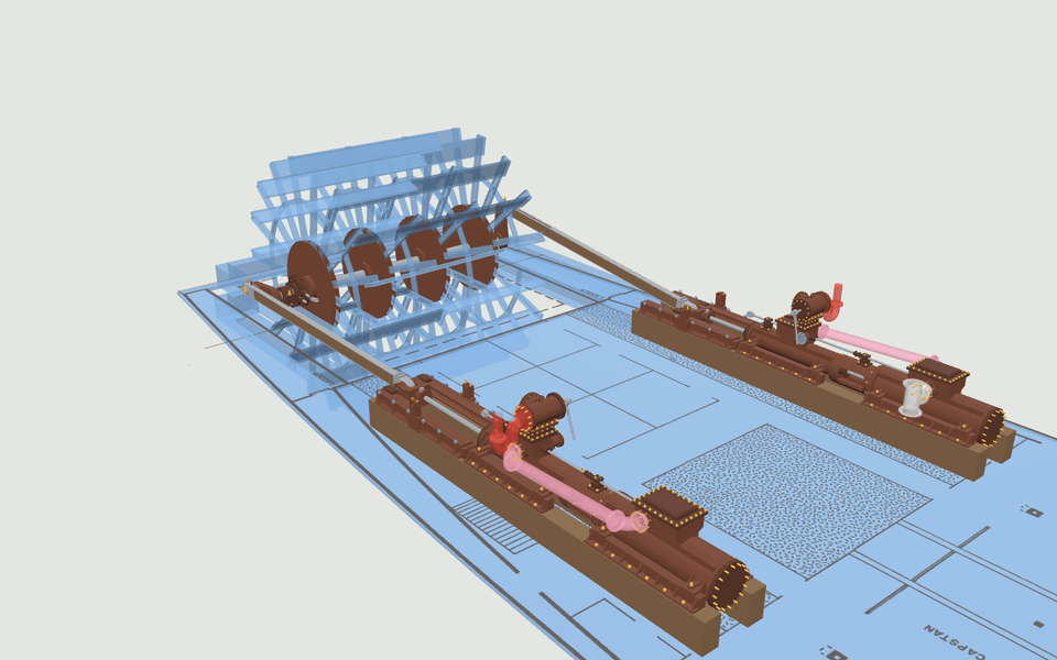 Animated 3D rendering of the Tutshi's two horizontal engines on their timber beds, their pitmans turning the sternwheel cranks; the wheel is shown in transparent blue over a drawing of the freight deck